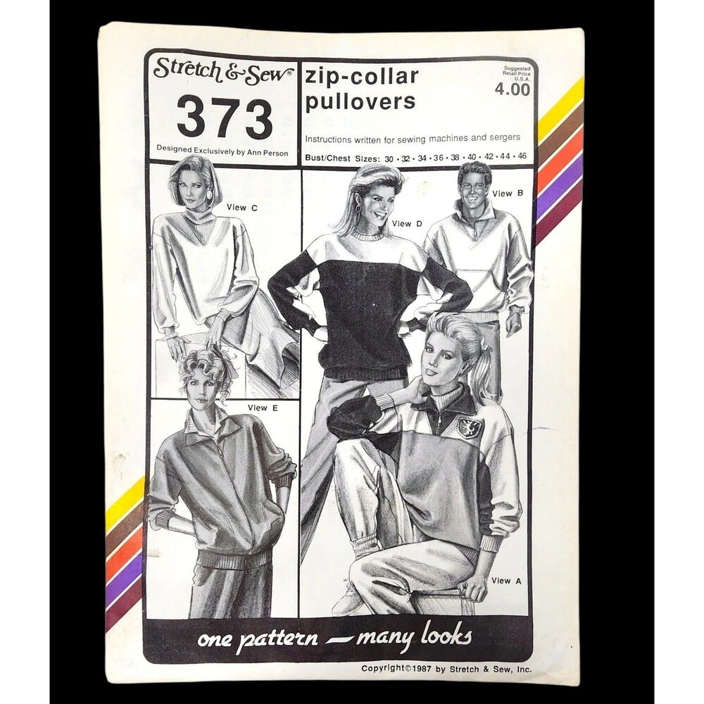 Vintage Zip Collar Pullover Pattern Stretch & Sew #373 Uncut 1980's Bust 30"-46"